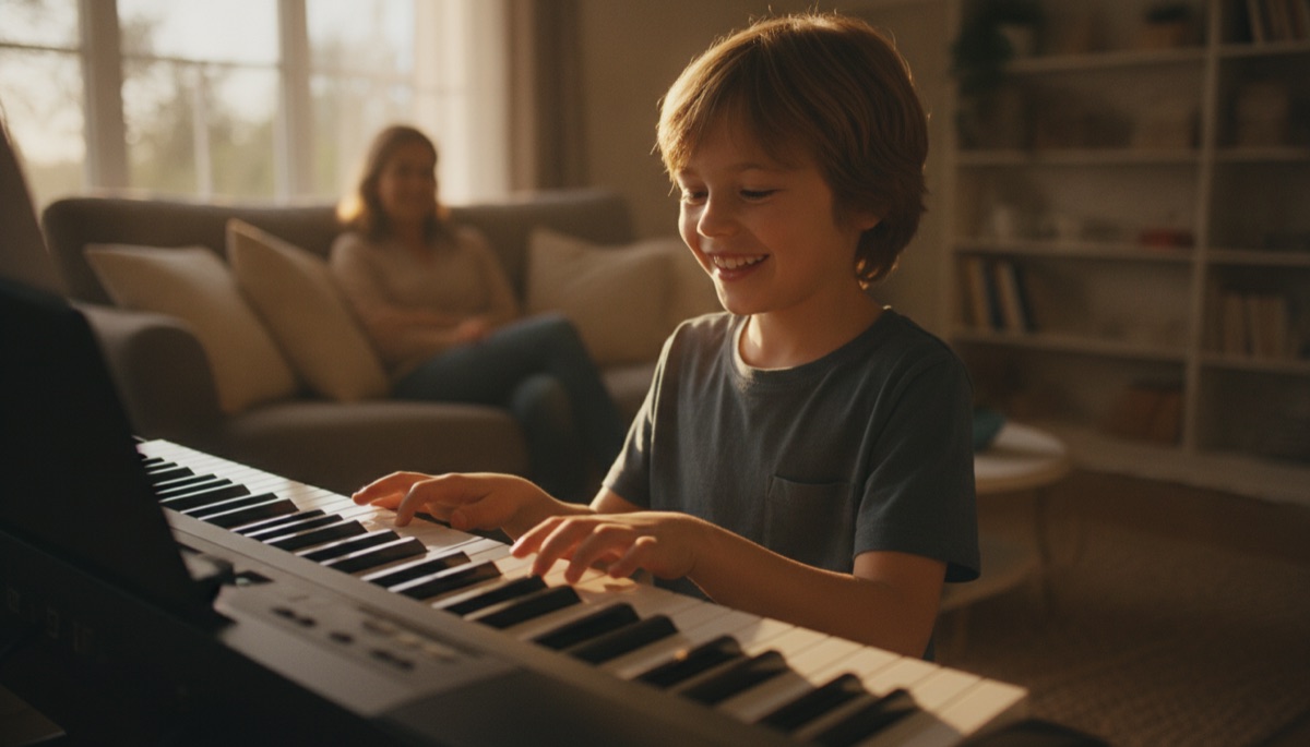 Kind übt Klavier während einer Online-Klavierstunde