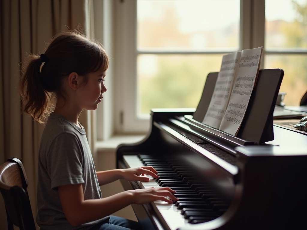 Student practicing piano during online lesson